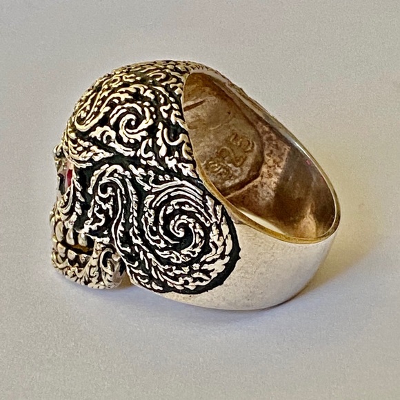 925 sterling silver bike biker skull ring red cz - Picture 4 of 6